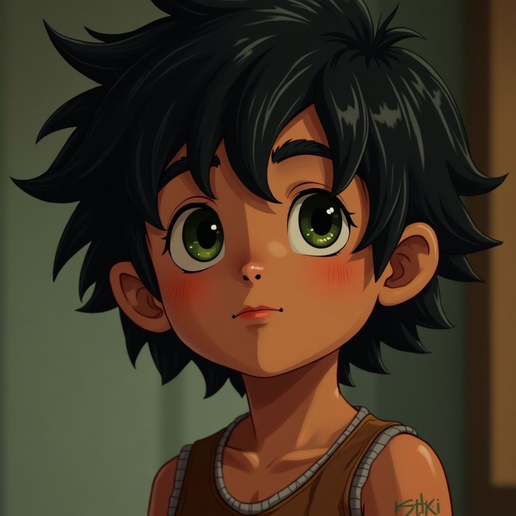 Portrait of a young boy with black hair. The boy has copper skin and dark green eyes. He shows an innocent expression. Soft lighting accentuates his features. Illustration style is similar to anime.