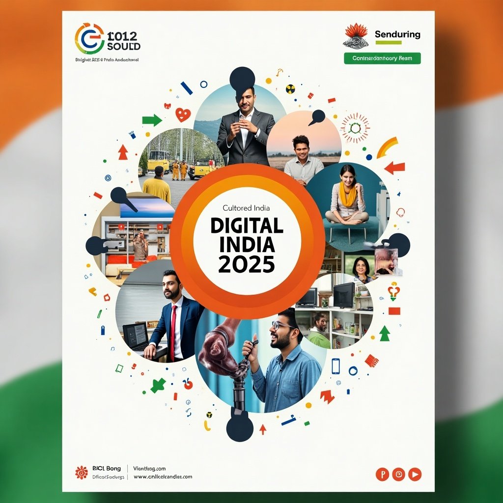 A personalized digital poster showcasing Digital India 2025. The design emphasizes innovation and progress with a vibrant circular layout. The poster includes imagery related to technology and different sectors involved in India's digital leap. Typography highlights the theme of a connected digital future.