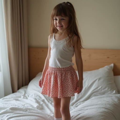 Full body view of playful seven year old girl in blouse and miniskirt wearing pantyhose. Brown hair, standing next to a bed.