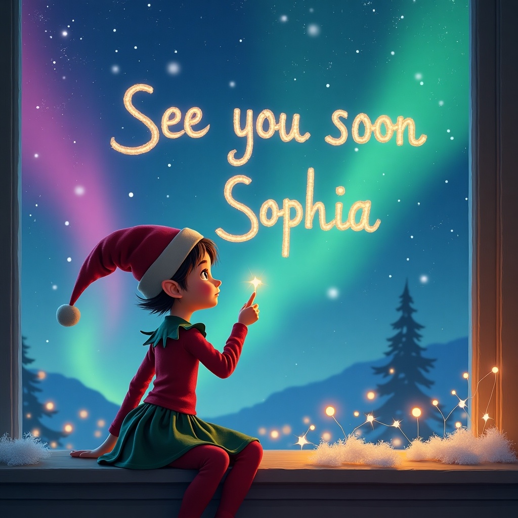 A whimsical scene featuring a young girl elf with short hair. She is wearing a traditional festive outfit and is writing the words 'See you soon Sophia' in the magical sky. The background showcases vibrant northern lights in pink, blue, green, and purple hues. The elf is sitting by a window, creating a cozy atmosphere with glowing lights around. Snow is lightly covering the window sill, enhancing the wintery feel of the image. The overall mood is joyful and enchanting, perfect for the holiday season.