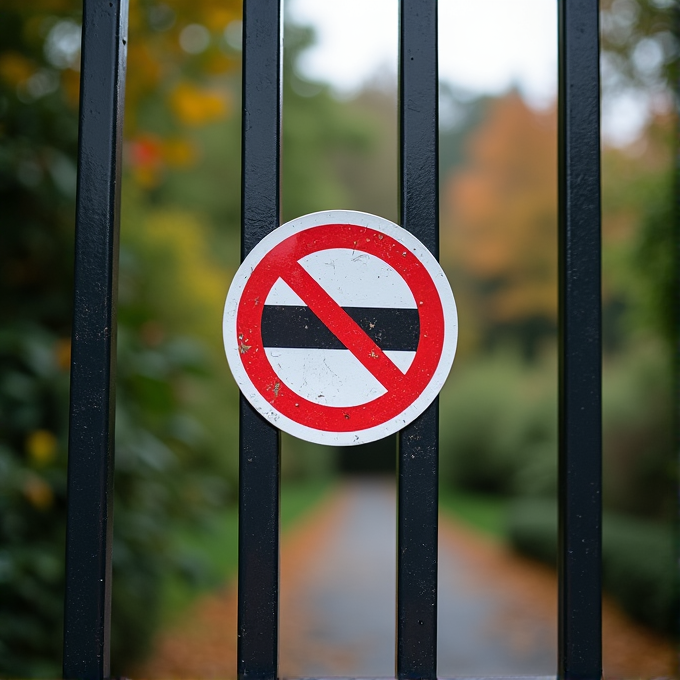 A red and white prohibition sign is placed on a metal gate with a blurred path and greenery in the background.