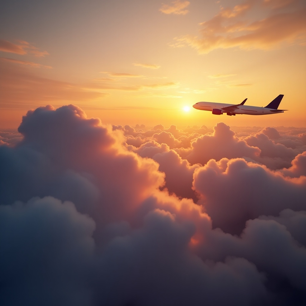 A plane flies gracefully near oversized fluffy clouds illuminated by a warm colorful sunset.