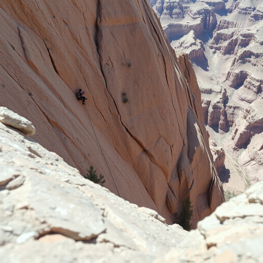 A person is rock climbing on a steep canyon wall with a vast landscape below.