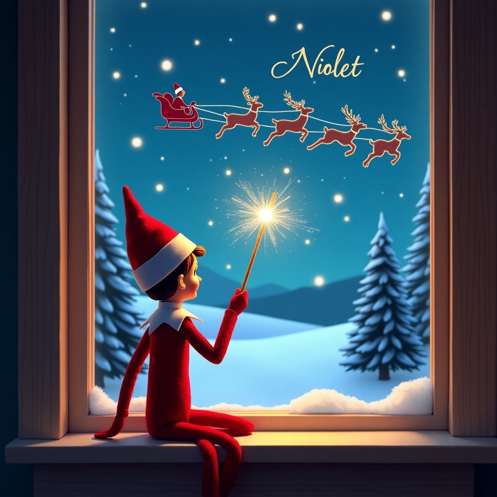 An enchanting scene featuring an Elf on the Shelf sitting by a window, facing away from the viewer. The elf is joyfully using a wand to create sparkles in the night sky, where the names Violet, Aspen and Paisley are being written. In the background, Santa’s silhouette can be seen in a sleigh, flying with his reindeer across a snowy landscape. The warm glow from the window adds a magical touch to the winter night. Pine trees and a starry sky complete the festive atmosphere.