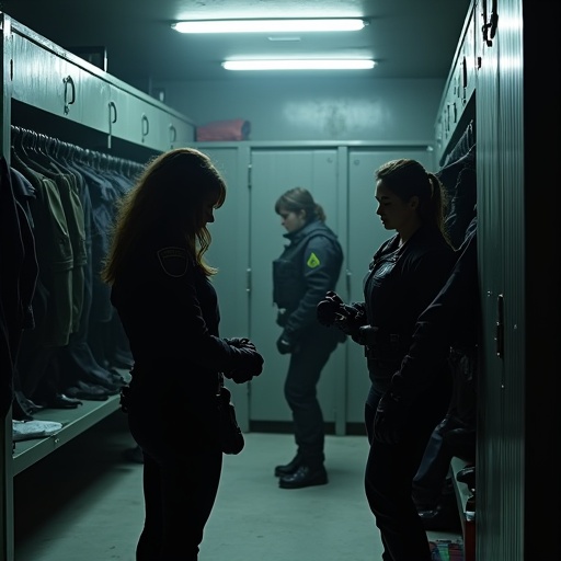 A young police officer in a locker room adjusts leg armor. Another officer across struggles with her vest. The room has metal partitions filled with gear. The atmosphere is tense and claustrophobic. Harsh fluorescent lights create a gritty environment.