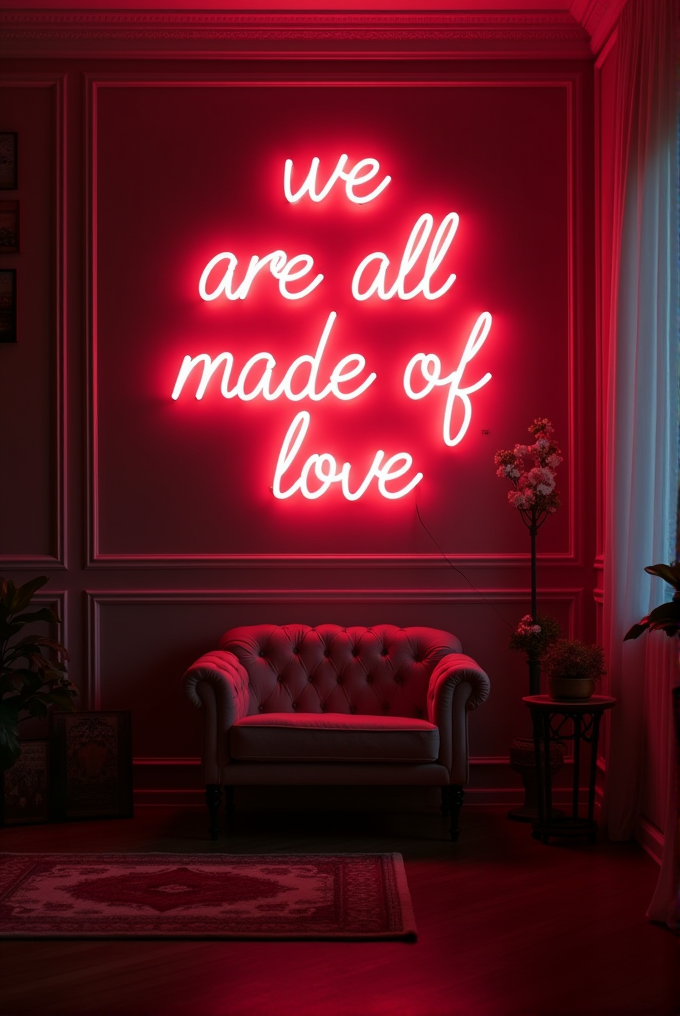 A cozy room with a neon sign stating 'we are all made of love' above a sofa.