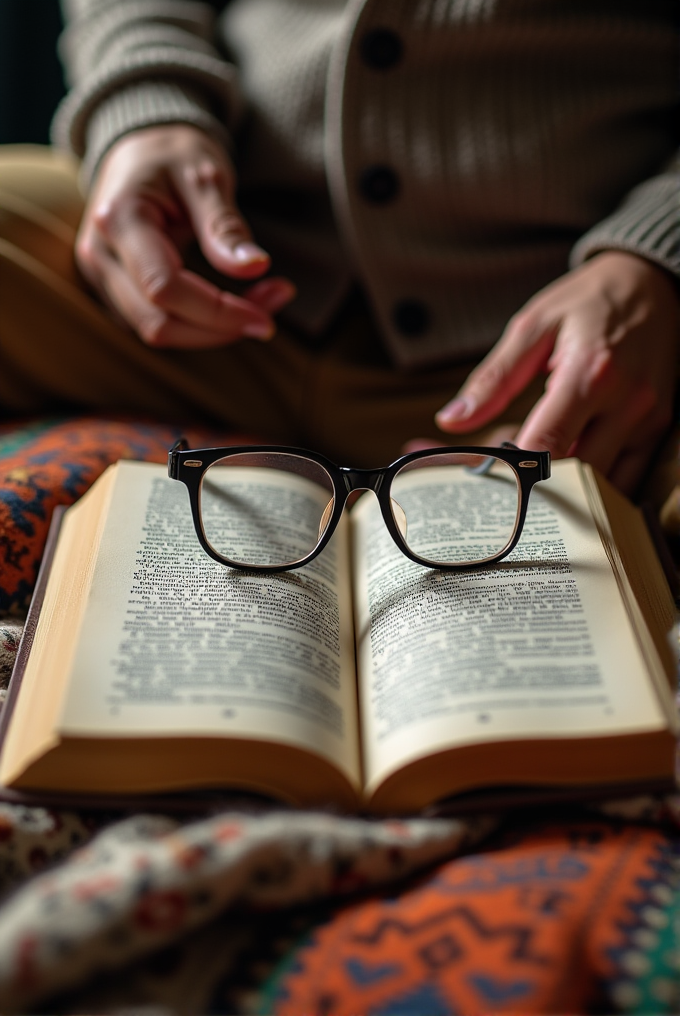 A pair of glasses rests open on an open book with blurred text, as a person in a knit sweater prepares to read, sitting cross-legged on a colorful patterned blanket.