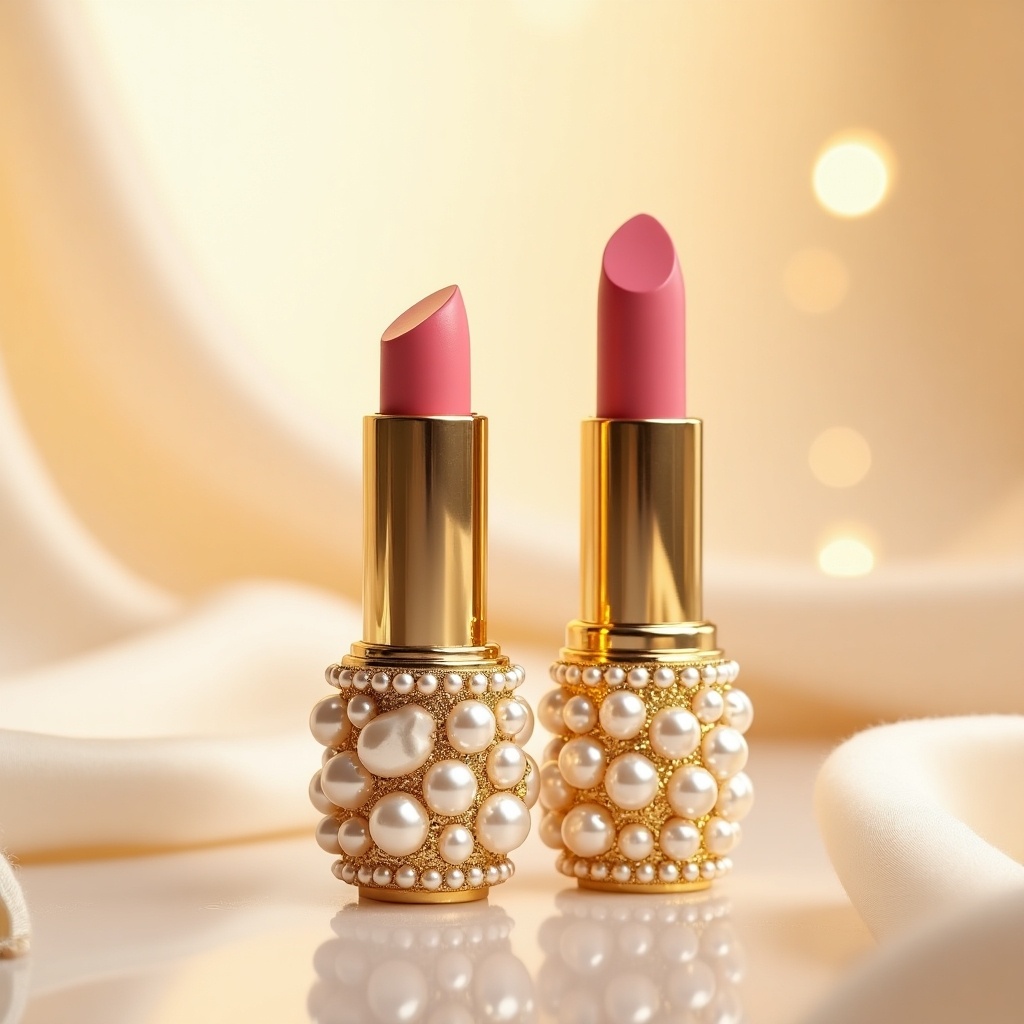 Luxurious lip balm in ornate gold container adorned with pearls. Soft pink lip color visible. Set against creamy backdrop with warm bokeh lighting. Visual appeals to beauty enthusiasts seeking glamour and quality.