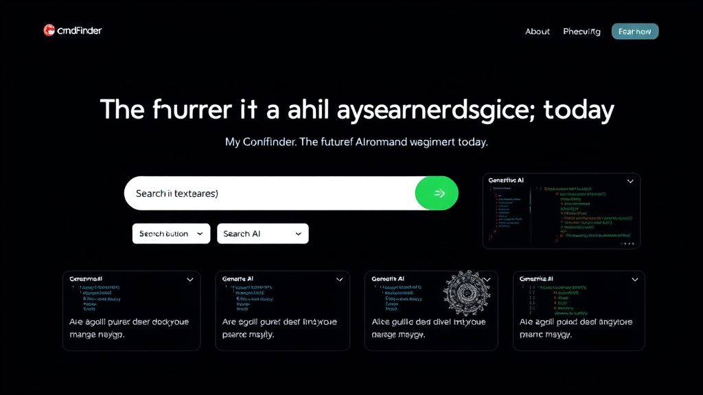 A dark-themed webpage with a futuristic design for an AI search interface, featuring fictional and scrambled text and search elements.