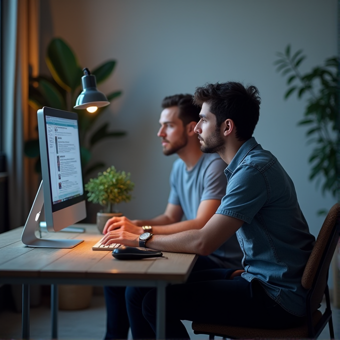 Two men sit at a desk working intently on a computer in a softly lit room.