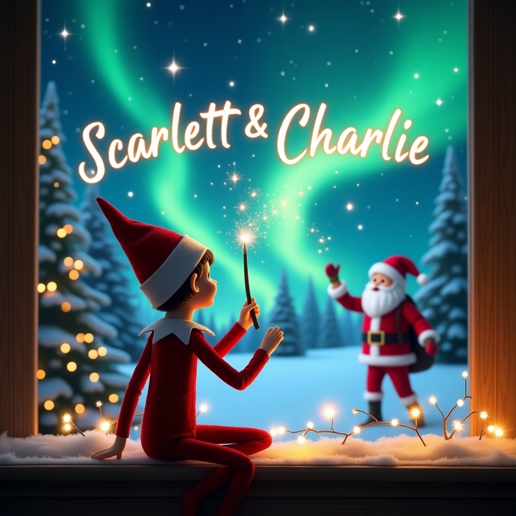 This magical Christmas scene features an elf on the shelf, sitting on a snowy windowsill. The elf faces the sky, wielding a wand to write the names Scarlett & Charlie amidst a backdrop of sparkling northern lights. Outside the window, Santa Claus is joyfully waving, adding to the festive ambiance. Twinkling lights surround the scene, enhancing the enchanting feel of the moment. The overall atmosphere is filled with holiday cheer and wonder, perfect for the Christmas season.