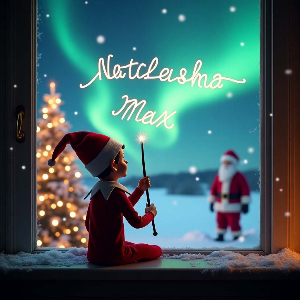 An enchanting Christmas scene features an elf on the shelf with his back to the viewer, gazing up at a magical sky. The elf is using a wand to elegantly write the names 'Natasha' and 'Max' in the air. In the background, the landscape is illuminated by beautiful northern lights and adorned with a Christmas tree sparkling with lights. Santa Claus is visible in the distance, creating a whimsical and festive atmosphere. Snow gently covers the window ledge, adding to the cozy feel of the scene.