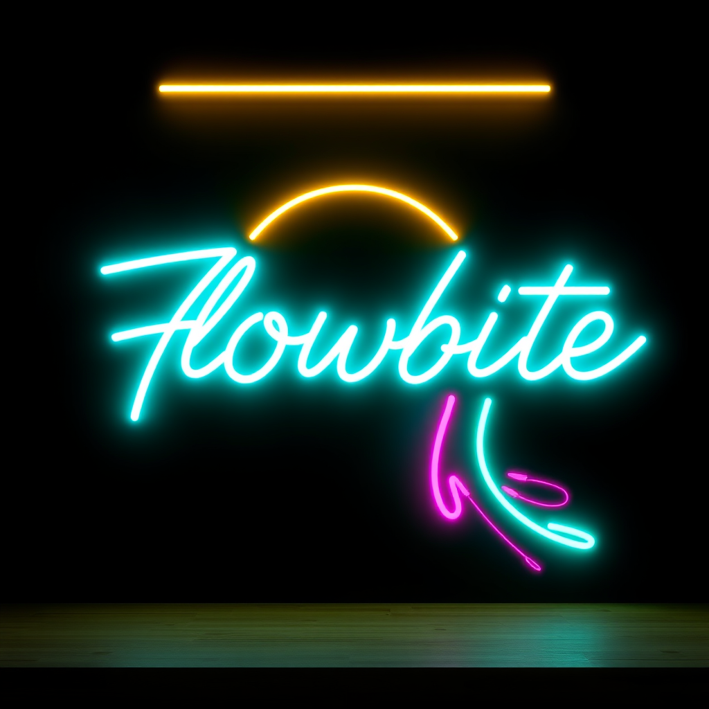 A glowing neon light sign displaying the word 'Flowbite' with decorative elements against a dark background.