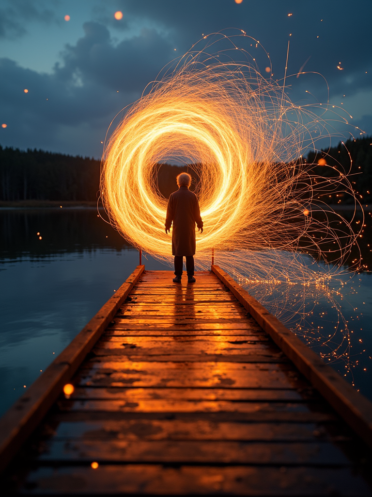 A person stands on a pier surrounded by swirling fiery light trails at dusk.