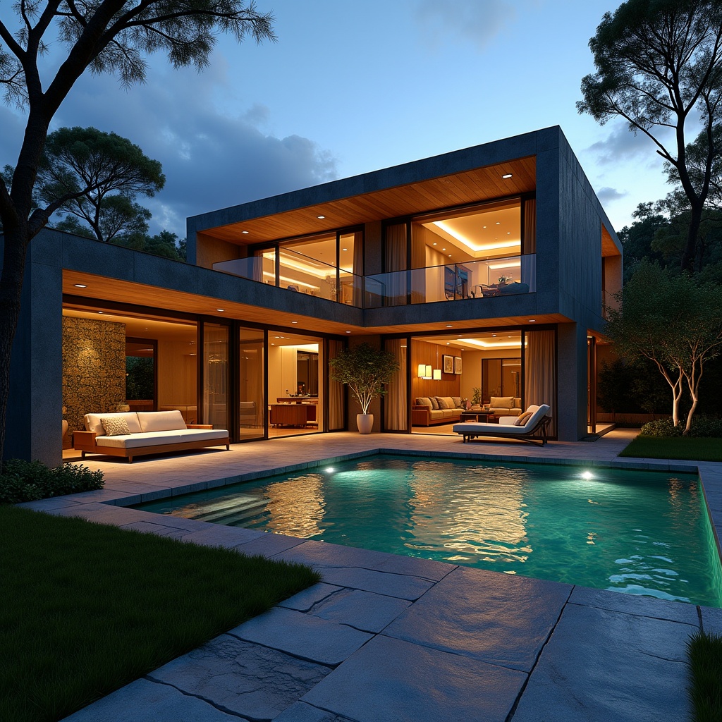 A beautifully designed modern luxury house with large glass windows, warm interior lighting, an outdoor pool, and surrounding trees at dusk, showcasing contemporary architecture.