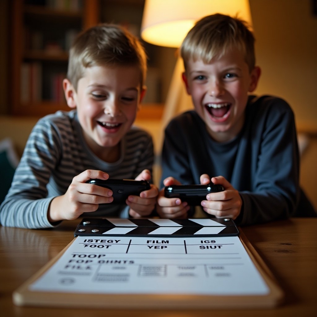 Two boys play a portable video game. Clapperboard on a wooden table. Soft lamp in the background. Boys are excited about their game.