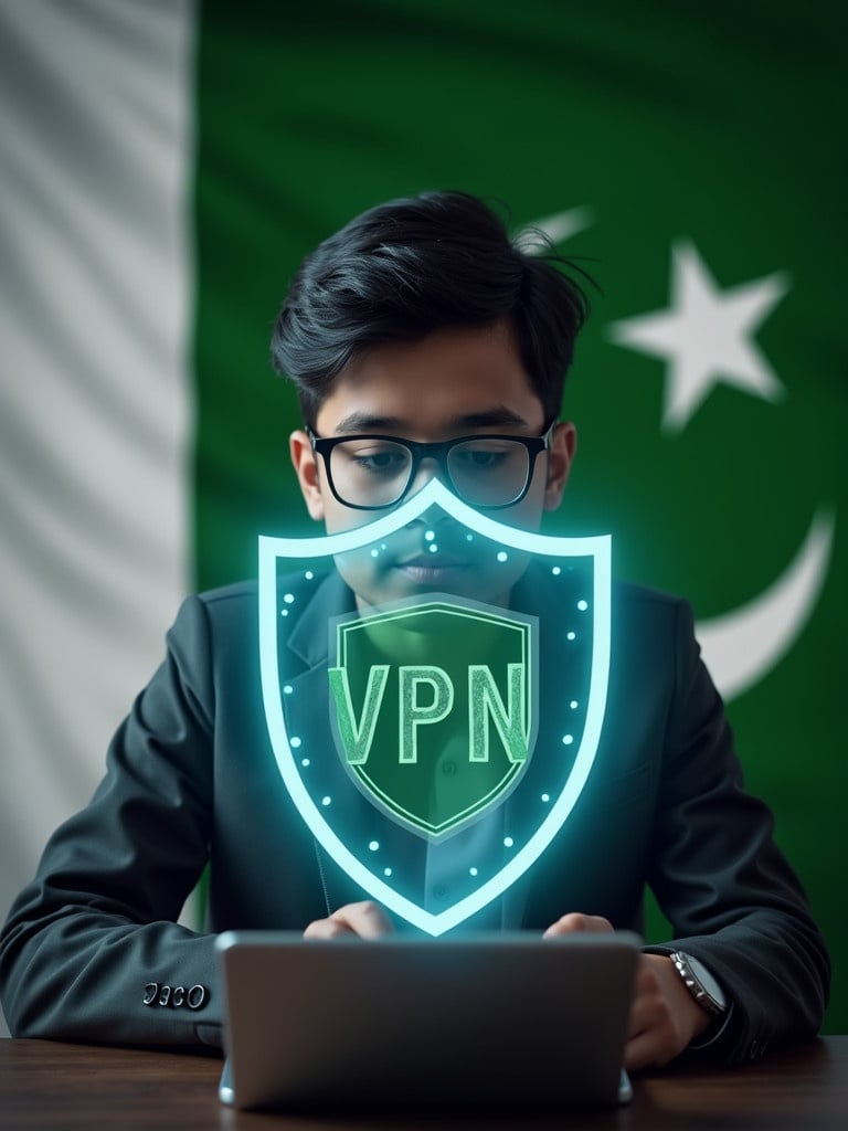 Young man focused on online safety. Displaying a VPN shield. In front of a Pakistani flag with the PTA logo visible. Representing privacy and security in digital context.