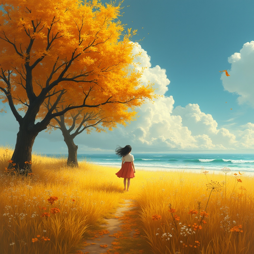 A serene scene with a woman standing in a field of golden grass, facing the ocean under a bright sky.