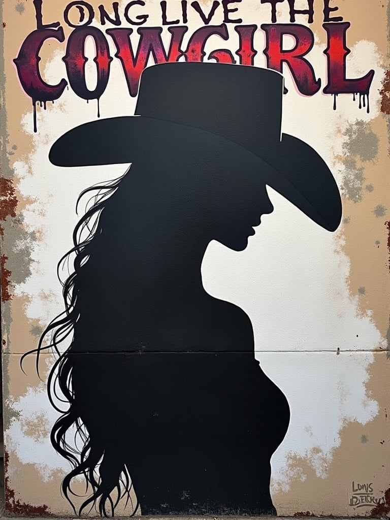 Graffiti features a silhouette of a cowgirl tipping her hat. Above her are the words Long Live the Cowgirl. The colors used are contrasting black and white with additional pops of color. The overall style captures the vibrant spirit of cowgirls.