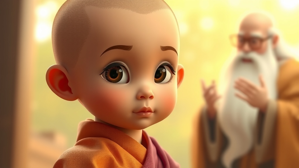 A cartoon depiction of a young monk with a wise elder in the background.