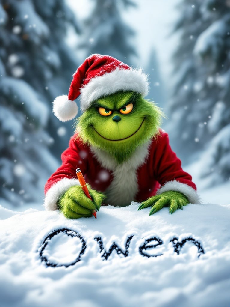 Grinch dressed in a Santa suit writes the name Owen in fresh snow. Snow is gently falling. Tall snow-covered trees surround the scene. The Grinch has a cheerful expression. Captures the charm and magic of the holiday season.