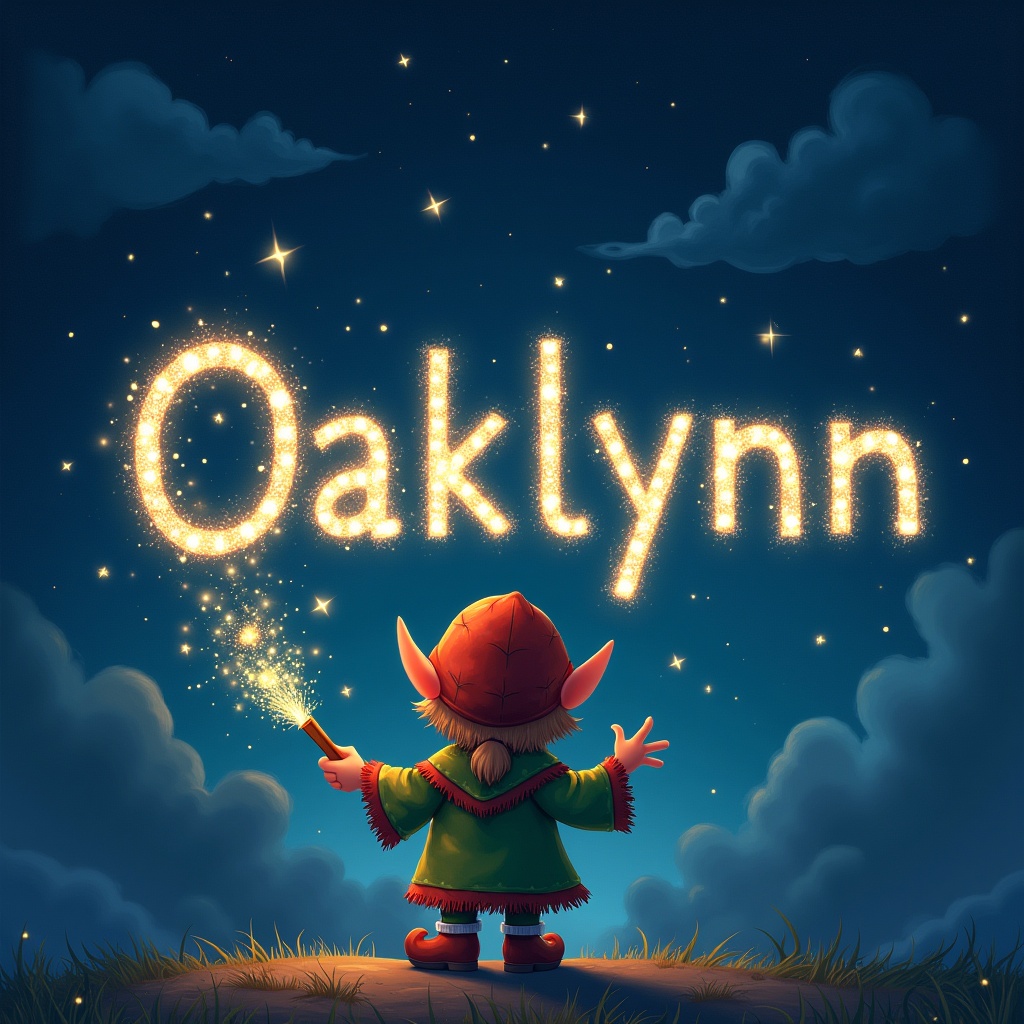 Elf holding a magical wand. Writing name in sparkling letters. Name is Oaklynn. Background is a starry night sky. Dark clouds enhance the luminous text. Elf wears colorful clothing. Whimsical atmosphere.