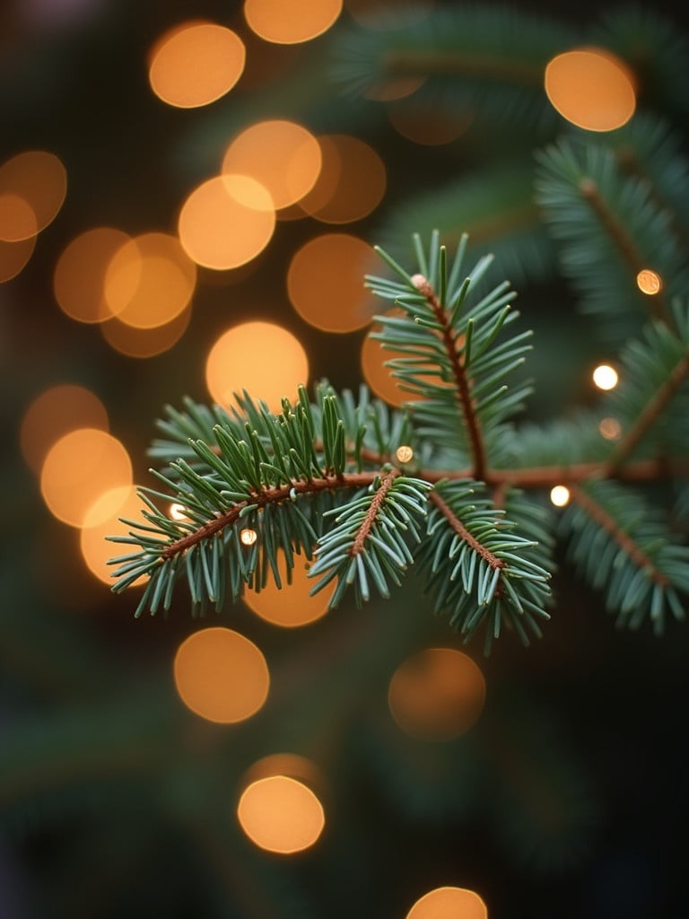 Delicate pine branch adorned with tiny shimmering lights. Backdrop of warm, softly glowing bokeh.