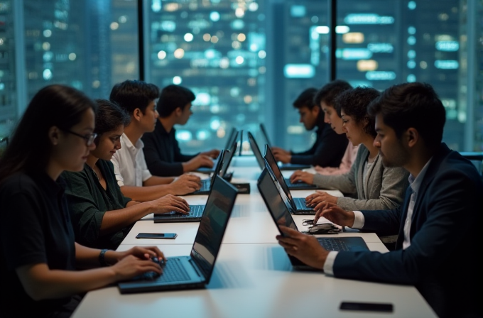 A group of people working on laptops in a modern office setting.