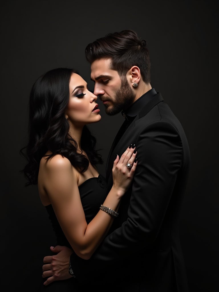 A couple embracing with an intimate gesture. The woman has long dark hair and dramatic makeup. The man has a rugged appearance and short hair. They wear elegant black attire. The image exudes sophistication and allure.