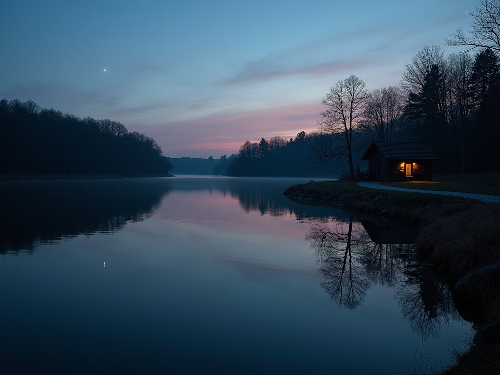 a tranquil evening scene with a cabin by the lake, reflections of trees and a pastel sky at dusk