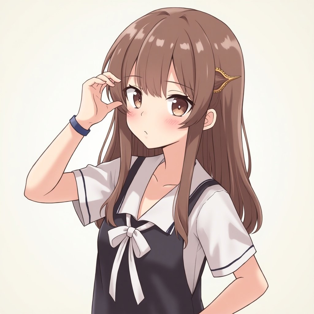 A basic anime girl with a simple design. She has long brown hair and wears a school uniform. Expression is slightly pensive. Details include a hair clip and soft features.