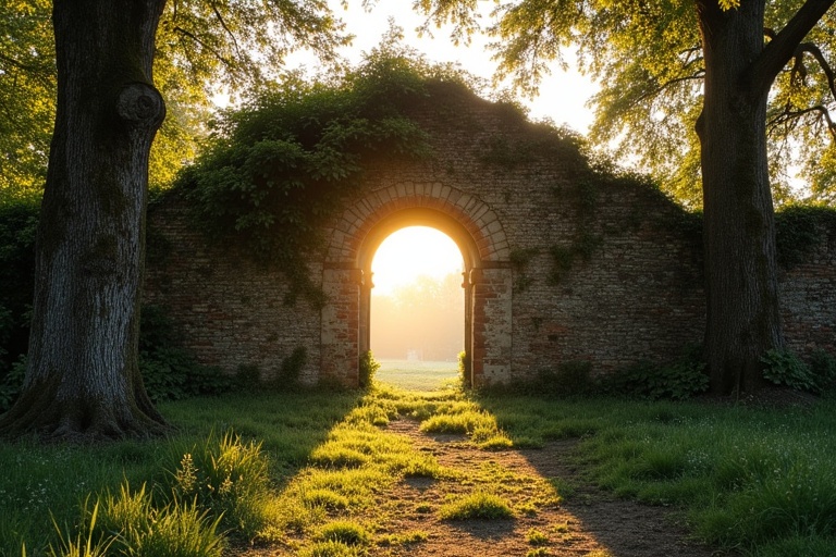 A ruined wall features a Romanesque arched window. It is glassless, creating an open look. Large box trees stand beside the wall. Vines and moss cover it. Golden evening sunlight illuminates the scene. The ground has sparse vegetation. The wall has no gate.