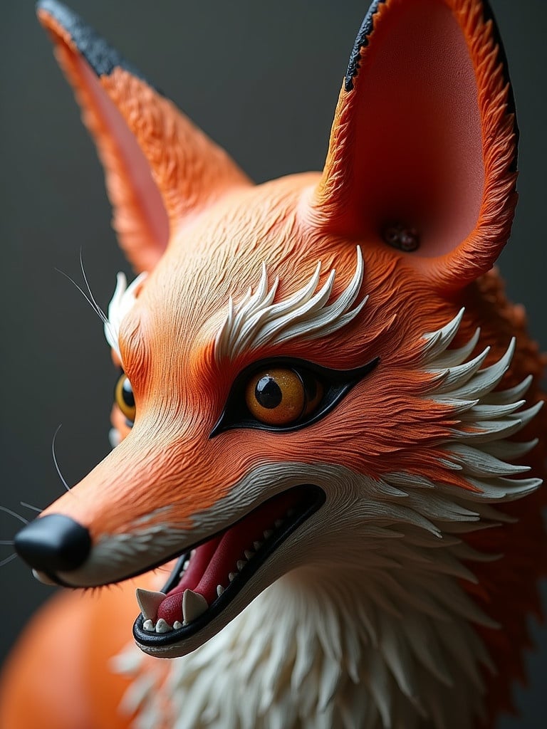 Sculpted fox figure showcasing cultural elements of Nuo opera. The fox mask represents cunning and wisdom. Detailed craftsmanship with vibrant orange fur. The background is dark to highlight the sculpture's features. The fox gazes confidently with a fierce yet wise expression.