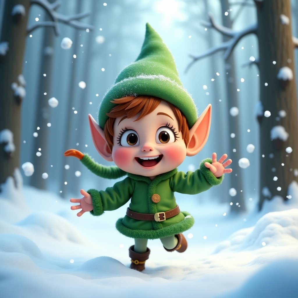 A cute elf named Evi joyfully plays in a snowy forest. She wears a vibrant green outfit and a matching pointed hat. The scene has falling snowflakes. The atmosphere feels magical. Evi has big expressive eyes and a wide smile. The background has tall snowy trees.