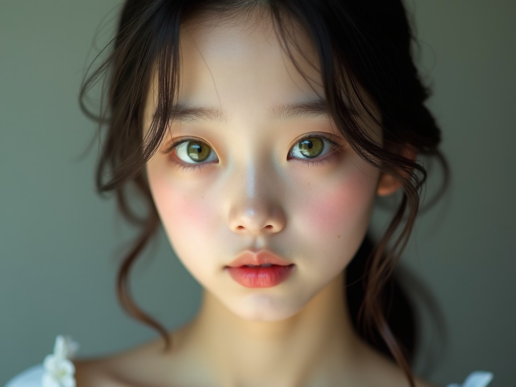 This image features a stunning portrait of a young girl from Korea, highlighted by her captivating green eyes. She possesses a delicate and serene expression, accentuated by her soft features and subtle makeup. The lighting is natural and soft, enhancing the realistic qualities of her skin and hair. The background is muted, allowing her face to be the central focus. This ultra-realistic photography captures both beauty and emotion, making it an exceptional piece for portrait studies.