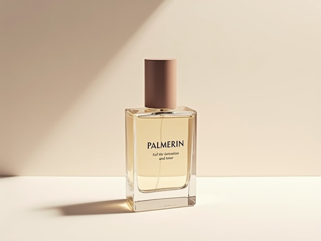 The image depicts a sleek perfume bottle labeled 'PALMERIN.' The bottle has a minimalistic design with a brown cap and a transparent body that showcases the light golden liquid inside. It is placed against a neutral, softly lit background, creating an elegant atmosphere. The overall composition emphasizes luxury and sophistication, inviting the viewer to explore its fragrance. The gentle shadows add depth to the image, making it visually appealing and inviting for perfume enthusiasts.