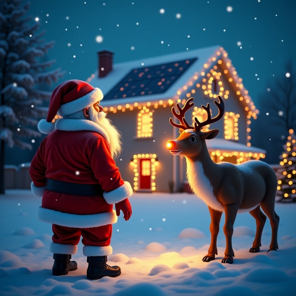 Santa Claus admires a house decorated with Christmas lights. House has solar panels on the roof. Rudolf has a bright nose. Sleigh is visible nearby.