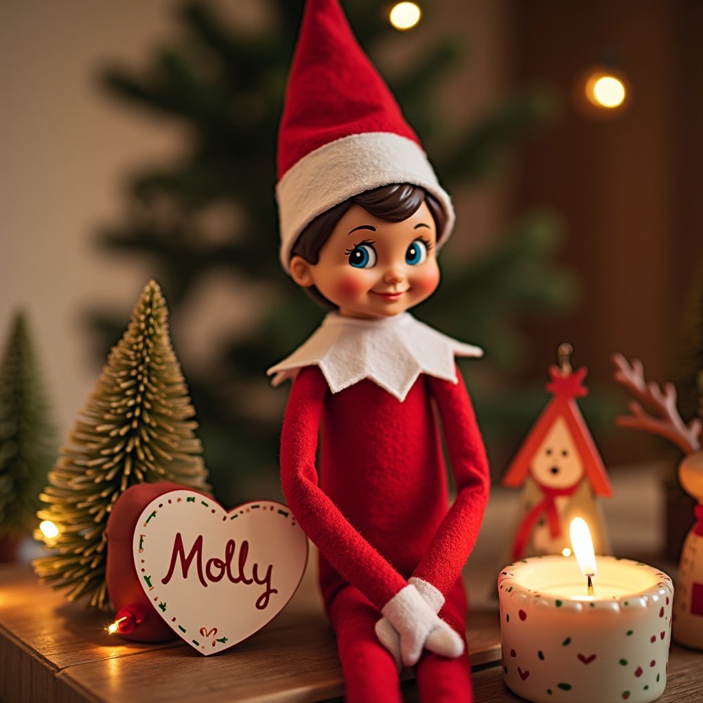 Create a Christmas scene featuring an Elf on the Shelf named Molly. Include holiday decorations, soft lighting, and a cozy atmosphere.