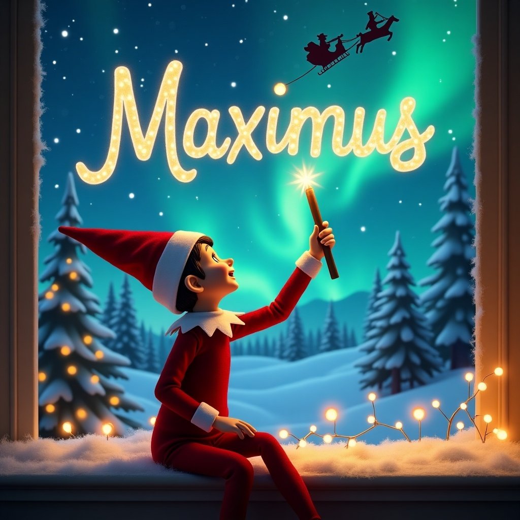 An enchanting Christmas scene featuring an elf on the shelf, with his back to the viewer. He faces a starry sky and uses a sparkling wand to elegantly write 'Maximus' in the air. The background showcases a magical winter landscape, complete with softly glowing northern lights and a sleigh with Santa. Beautifully decorated snow-covered trees frame the window, adding to the festive atmosphere. Lights twinkle around the elf, enhancing the magical feel of the scene.