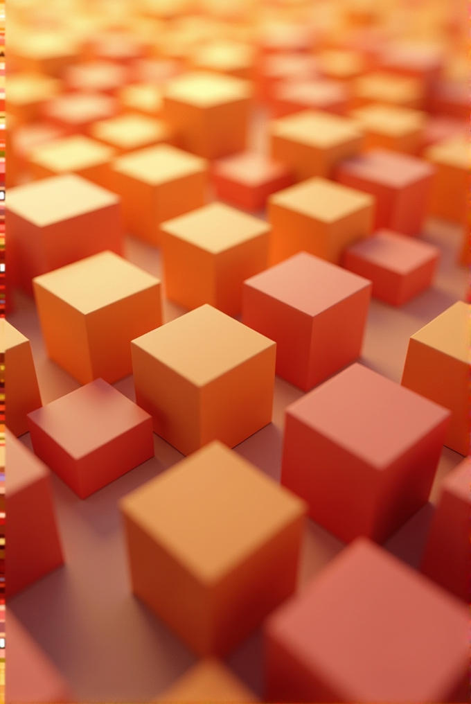 A field of 3D orange and red cubes arranged in a grid pattern with a bokeh effect background.