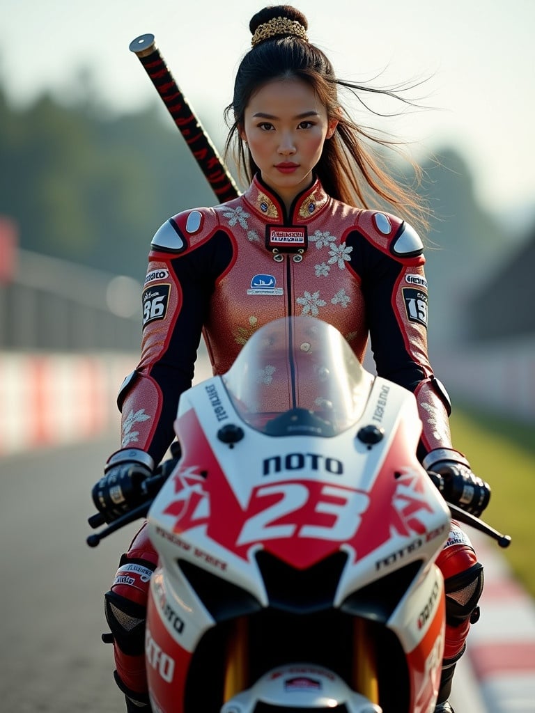 A breathtaking image of a Japanese woman dressed in ceremonial Jic armor. Intricate patterns and subtle gold accents decorate the armor. She sits atop a high-tech MotoGP racing bike. A sword is positioned on her back. A calm and determined expression is conveyed. The racetrack behind her is filled with movement while she remains the central focus. Her hair flows softly in the breeze.