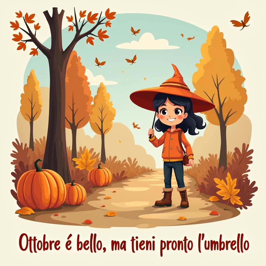 an illustration of a young girl in autumn attire, wearing a witch's hat, surrounded by pumpkins and fall foliage, with an Italian phrase about October and umbrellas, in a colorful and cheerful style