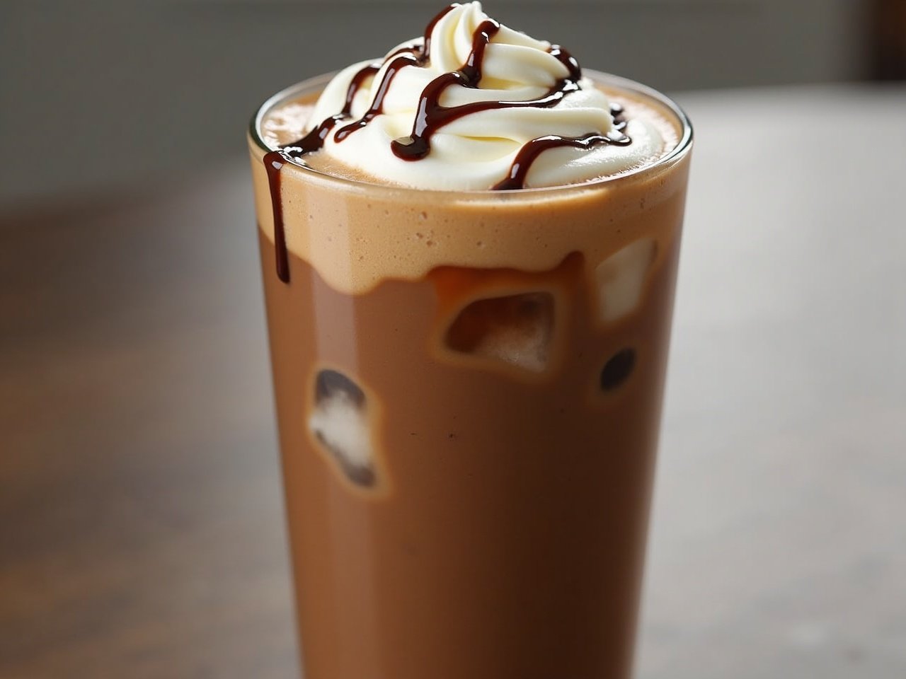 Iced chocolate coffee in a tall glass. Whipped cream on top with chocolate syrup drizzled over it. Ice cubes visible inside the drink.