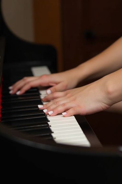 Young woman with white toenail polish plays piano with her feet. Side view of her feet positioned over piano keys.