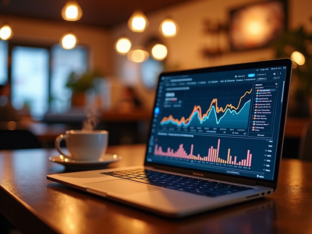 A cozy coffee shop ambiance with dim lighting and a bokeh effect in the background. On a wooden table, there is a laptop displaying colorful graphs and data lines on its screen. Next to the laptop, there is a steaming cup of coffee in a white mug, adding to the relaxed atmosphere. The scene conveys a blend of technology and comfort, suggesting a modern work-from-anywhere lifestyle. The focus is on the vibrant screen and the warm glow from the ambient lighting.