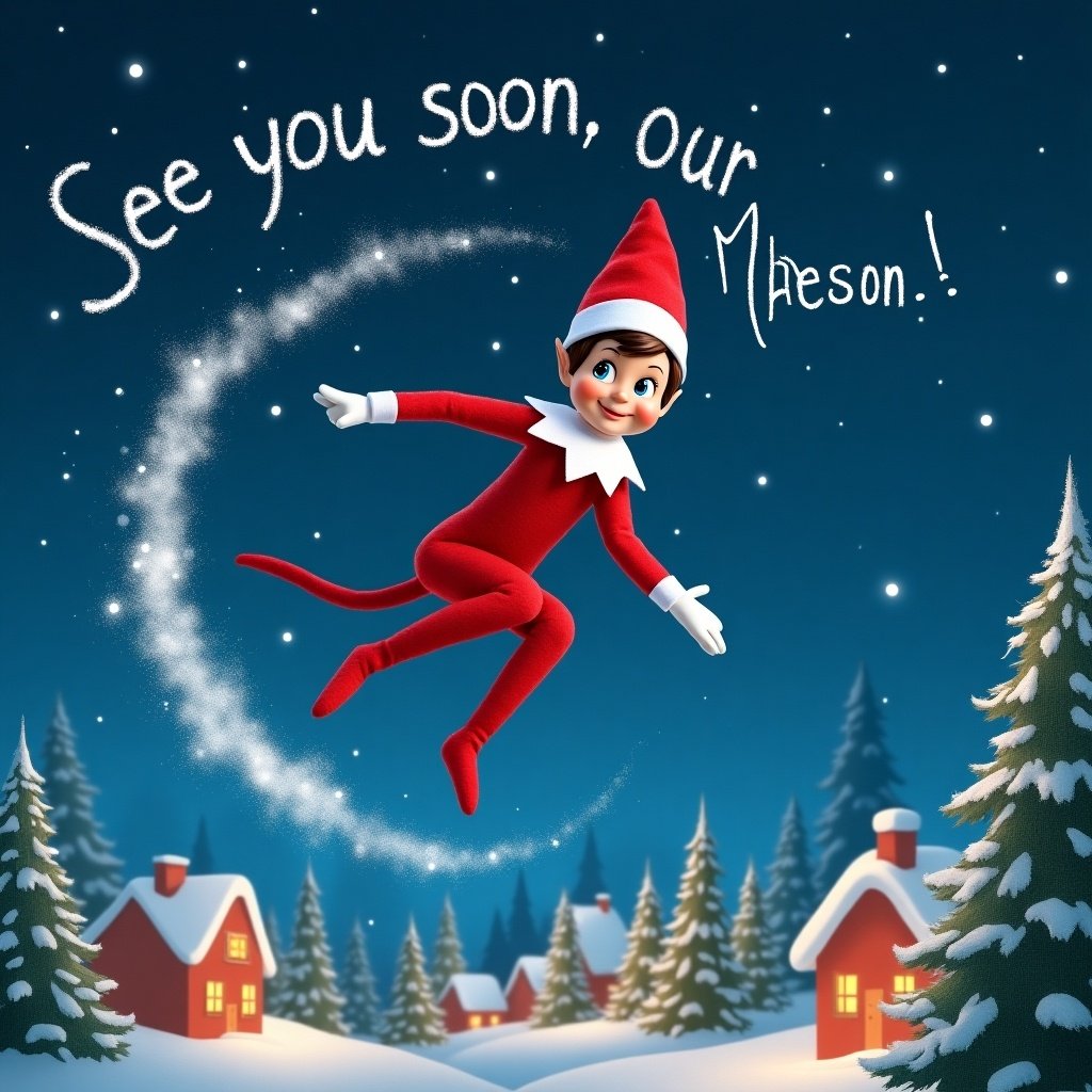 Realistic Elf on the Shelf is flying through the night sky. Trail of snow writes 'See you soon, Mason!'. Elf appears cheerful and focused. Flying over a snowy village with trees and Christmas lights.