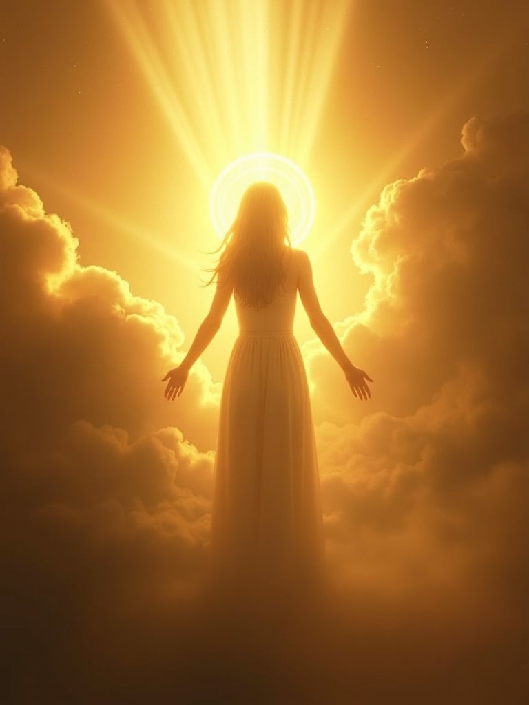 Digital artwork of a serene figure with outstretched arms. The figure is illuminated by a golden glow resembling a halo. The background has swirling clouds and radiant light beams. Warm colors and soft shadows create an ethereal effect.