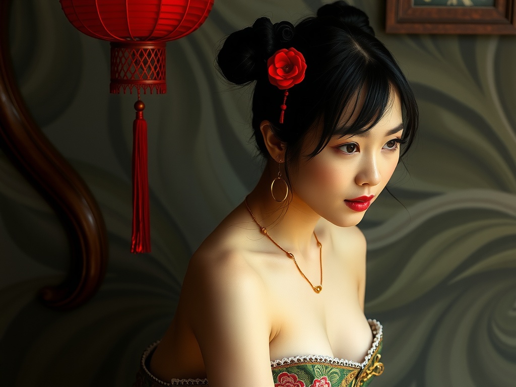 A woman adorned with a red rose hair accessory, framed by an ornate red lantern and swirl-patterned background.