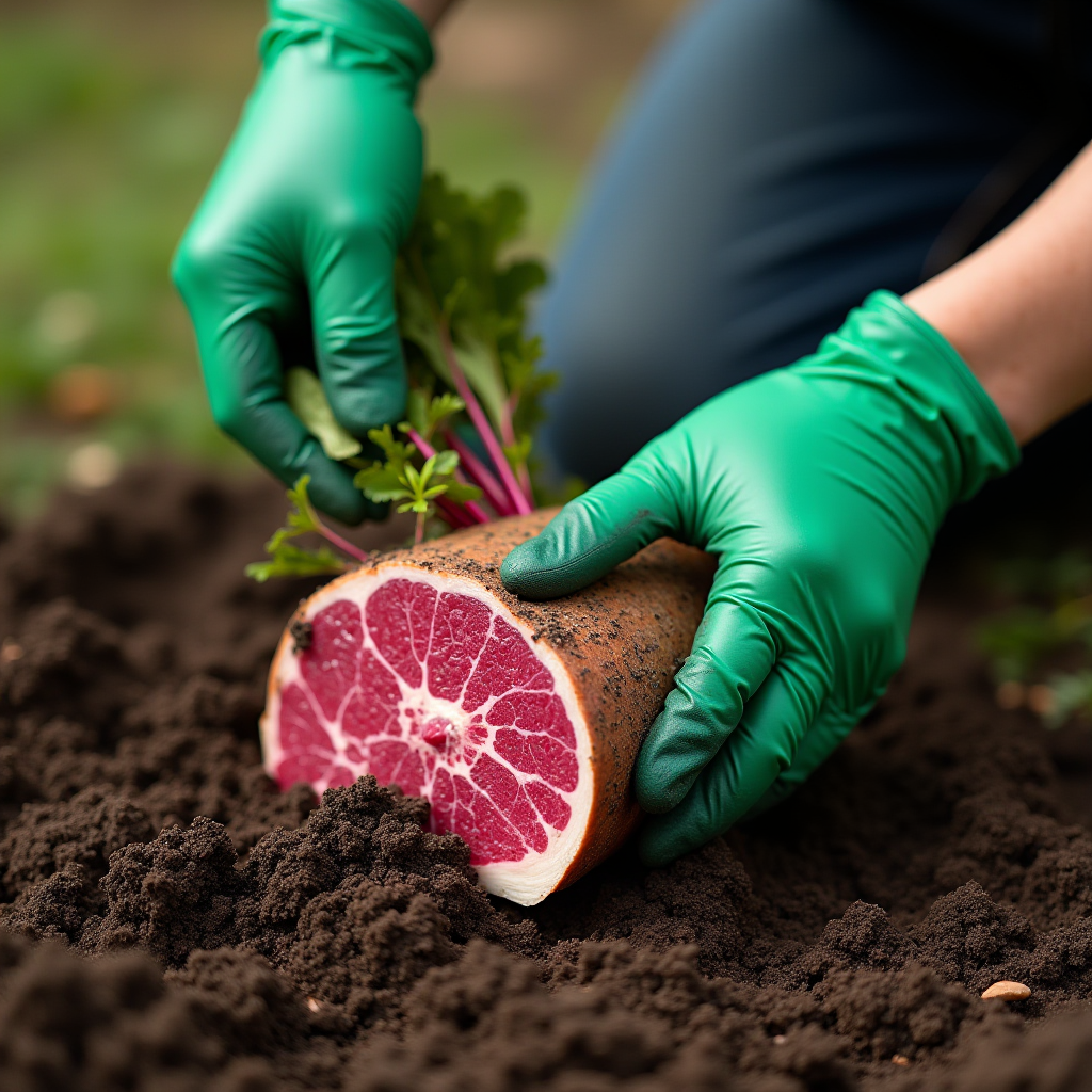 A person with green gloves planting a meat-like object resembling a beetroot in the soil.