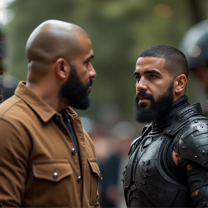 Two bearded men face each other, one in a casual jacket and the other in armor, in an outdoor setting.